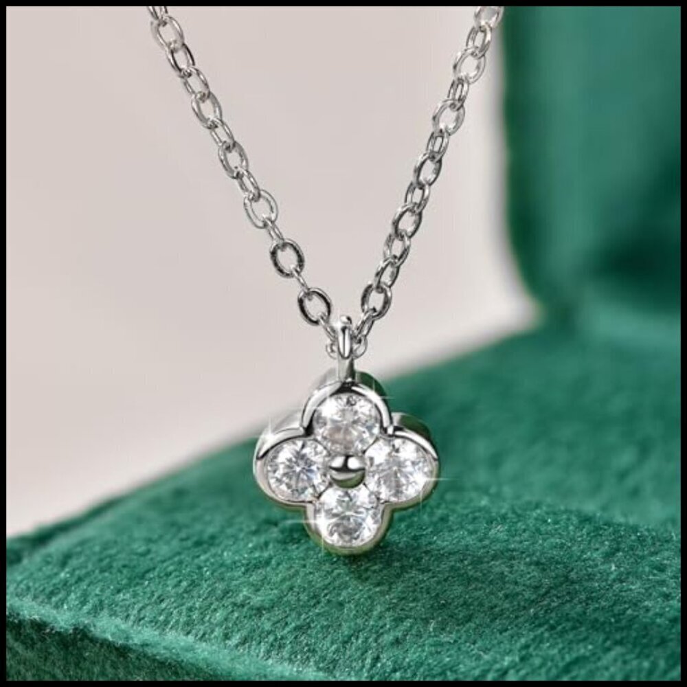 14K White Gold Moissanite Pendant Necklace 925 Sterling Silver Four-Leaf Clover